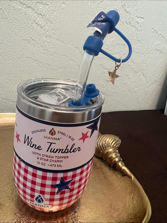 4th Of July wine tumbler Other - #2238*”4x6”Manna Wine Tumbler W/ Straw Topper - Blue & Red Gingham Stars